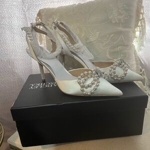 Elegant White Satin Heels with Pearl Embellishments